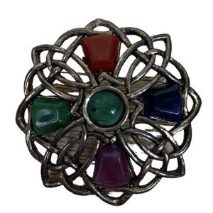 Vtg Celtic Knot Lucite Green Red Cab Purple Filigree Brooch Signed Solo'or Pin